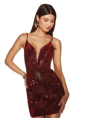 GB Burgundy Sequins Plunging Neckline Mini Dress Homecoming Cocktail Size XS